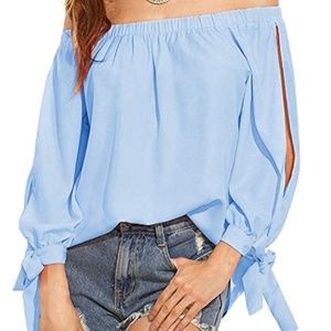 Women's Off Shoulder Slit Sleeve Tie Cuff Blouse